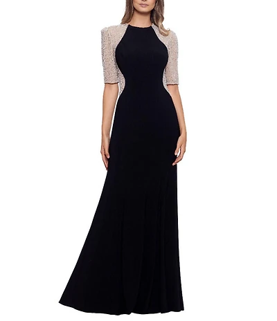 Xscape Petite Size Beaded Mesh Short Sleeve Sheath Gown