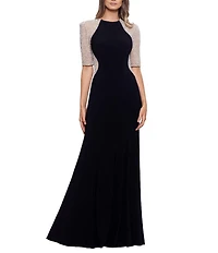 Xscape Petite Size Beaded Mesh Short Sleeve Sheath Gown