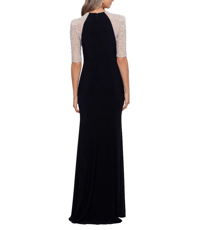 Xscape Petite Size Beaded Mesh Short Sleeve Sheath Gown