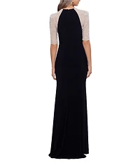 Xscape Petite Size Beaded Mesh Short Sleeve Sheath Gown