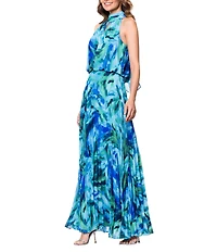 Xscape Petite Size Chiffon Mock Neck Sleeveless Printed Dress
