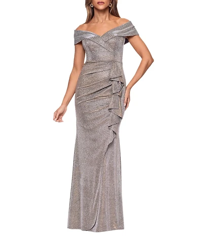 Xscape Petite Size Foil Knit Off The Shoulder Gown