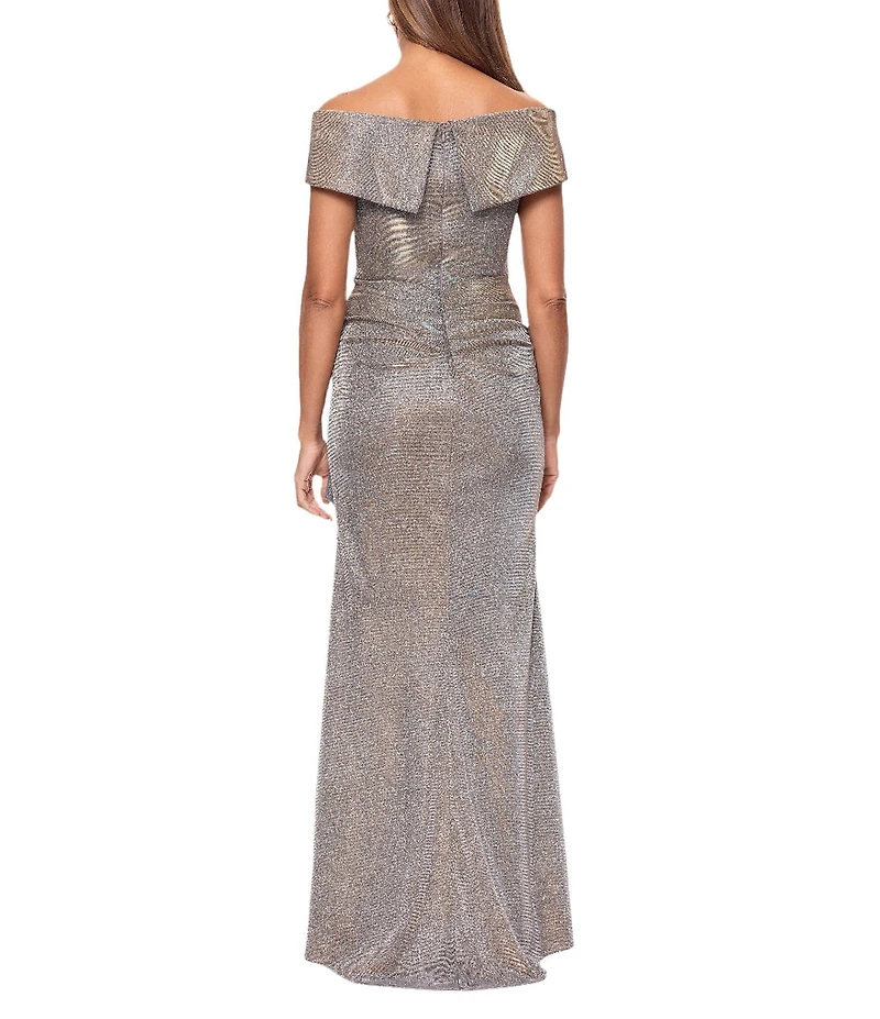 Xscape Petite Size Foil Knit Off The Shoulder Gown