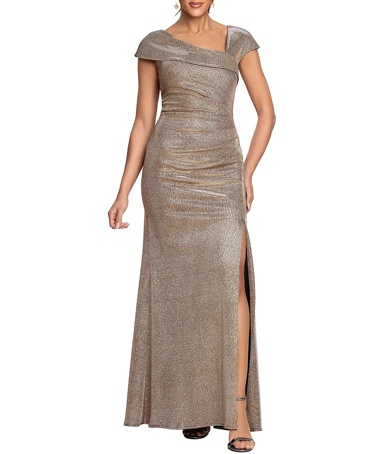Xscape Petite Size Glitter Knit Asymmetrical Neck Gown