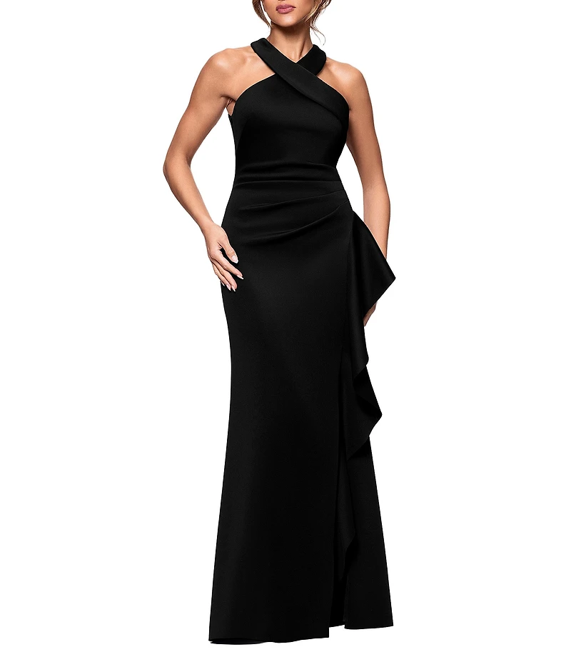 Xscape Petite Size Halter Neck Ruffle Tech Scuba Gown