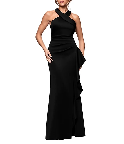 Xscape Petite Size Halter Neck Ruffle Tech Scuba Gown