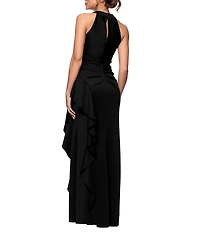 Xscape Petite Size Halter Neck Ruffle Tech Scuba Gown