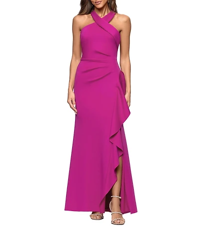 Xscape Petite Size Halter Neck Ruffle Tech Scuba Gown
