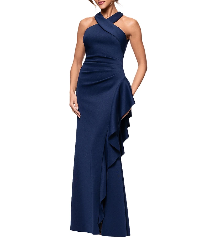 Xscape Petite Size Halter Neck Ruffle Tech Scuba Gown
