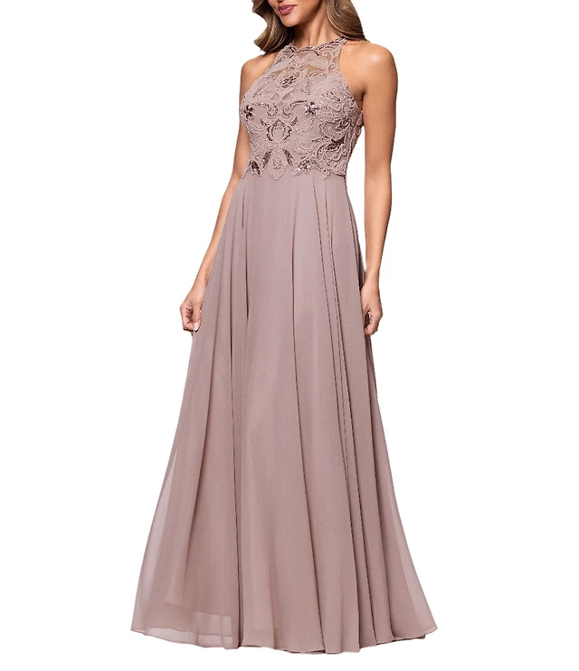 Xscape Petite Size Illusion Halter Beaded Mesh Bodice Chiffon A-Line Gown |  Liberty Center
