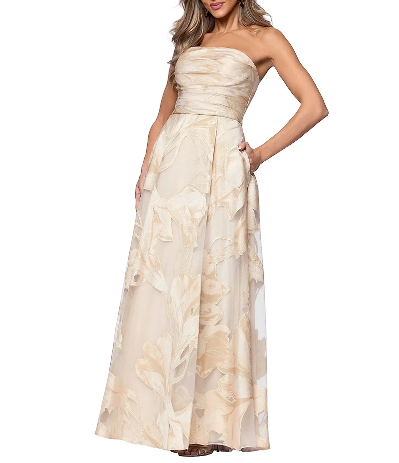 Xscape Petite Size Jacquard Burnout Strapless Gown