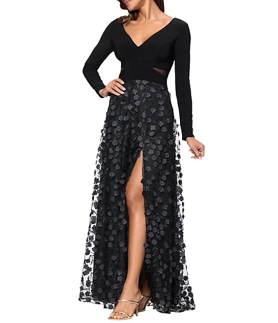 Xscape Petite Size Jersey Knit Long Sleeve V-Neck Top 3D Flower Skirt Gown