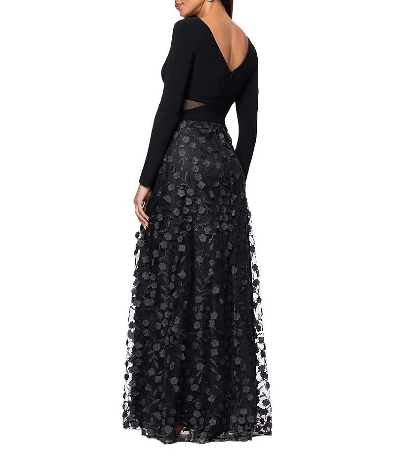 Xscape Petite Size Jersey Knit Long Sleeve V-Neck Top 3D Flower Skirt Gown