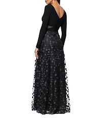 Xscape Petite Size Jersey Knit Long Sleeve V-Neck Top 3D Flower Skirt Gown