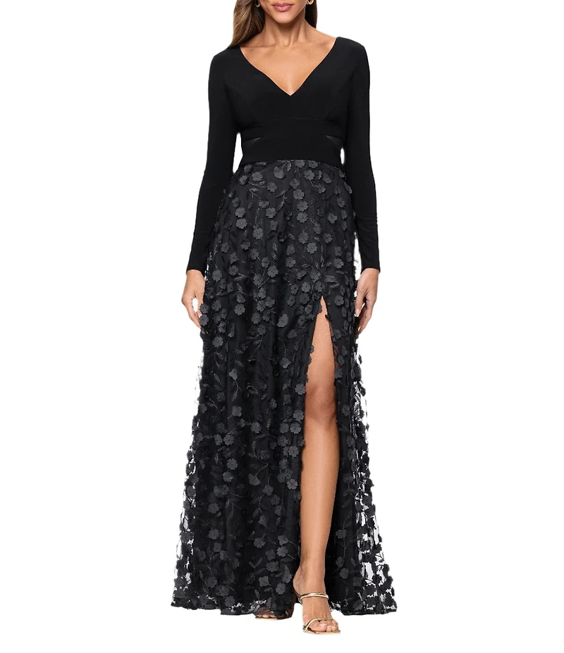Xscape Petite Size Jersey Knit Long Sleeve V-Neck Top 3D Flower Skirt Gown