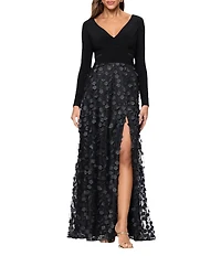 Xscape Petite Size Jersey Knit Long Sleeve V-Neck Top 3D Flower Skirt Gown