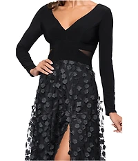 Xscape Petite Size Jersey Knit Long Sleeve V-Neck Top 3D Flower Skirt Gown