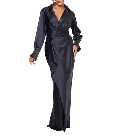 Xscape Petite Size Long Sleeve Collared V-Neck Satin Dress