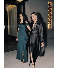 Xscape Petite Size Long Sleeve Collared V-Neck Satin Dress