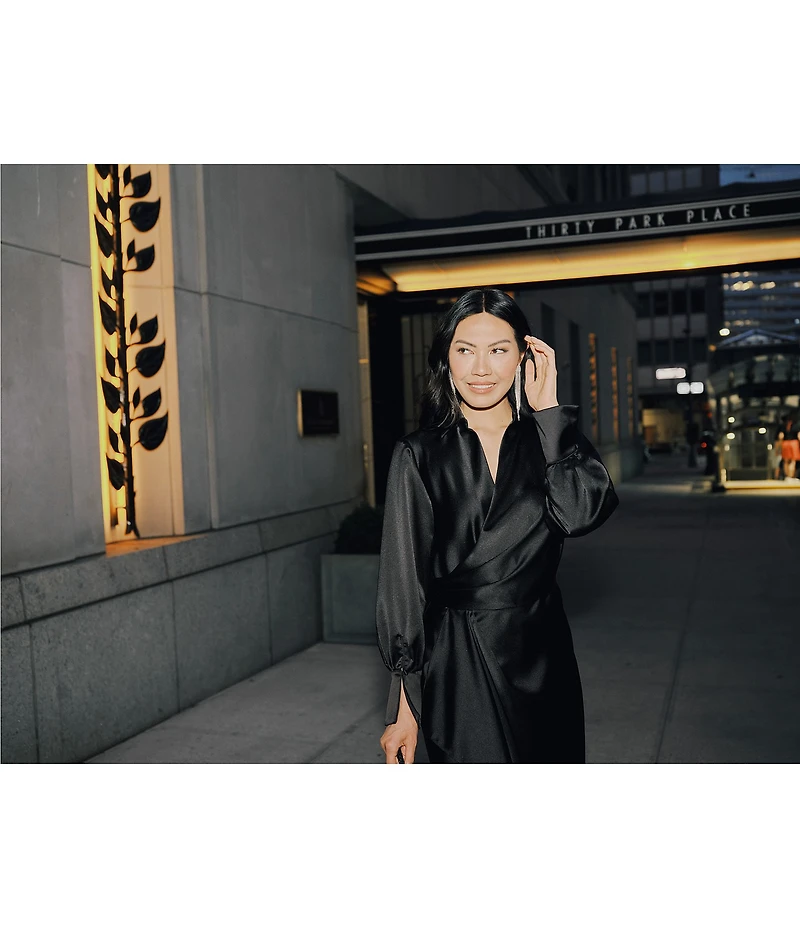 Xscape Petite Size Long Sleeve Collared V-Neck Satin Dress