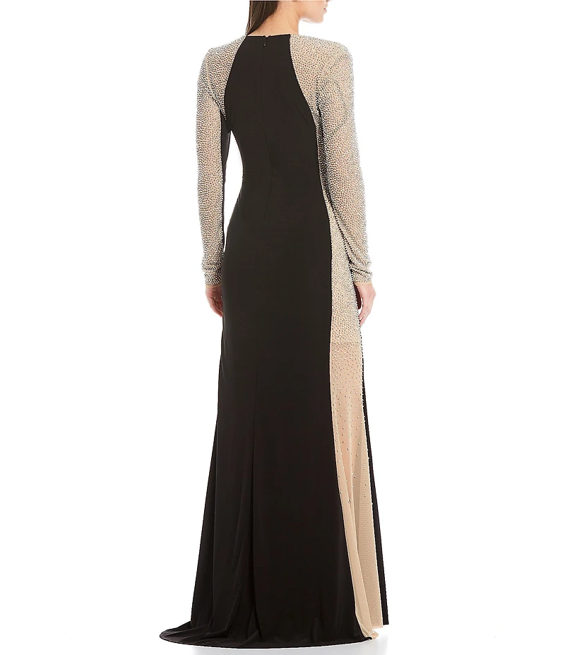 Xscape Petite Size Long Sleeve Square Neck Caviar Beaded Mesh Panels Sheath Gown
