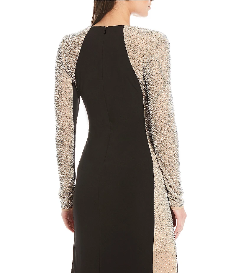 Xscape Petite Size Long Sleeve Square Neck Caviar Beaded Mesh Panels Sheath Gown
