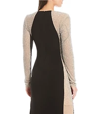 Xscape Petite Size Long Sleeve Square Neck Caviar Beaded Mesh Panels Sheath Gown