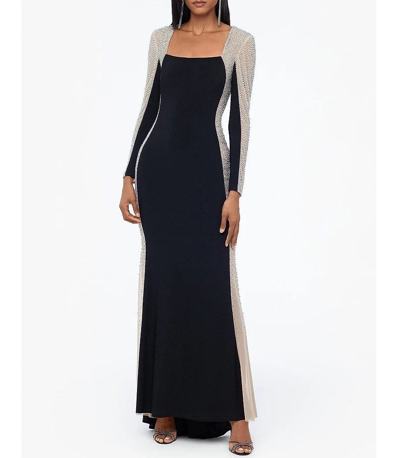 Xscape Petite Size Long Sleeve Square Neck Caviar Beaded Mesh Panels Sheath Gown