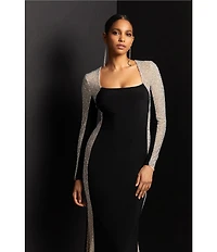 Xscape Petite Size Long Sleeve Square Neck Caviar Beaded Mesh Panels Sheath Gown