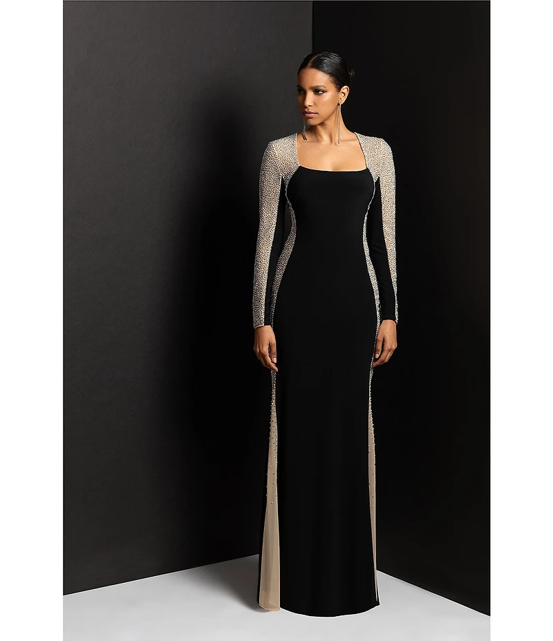 Xscape Petite Size Long Sleeve Square Neck Caviar Beaded Mesh Panels Sheath Gown
