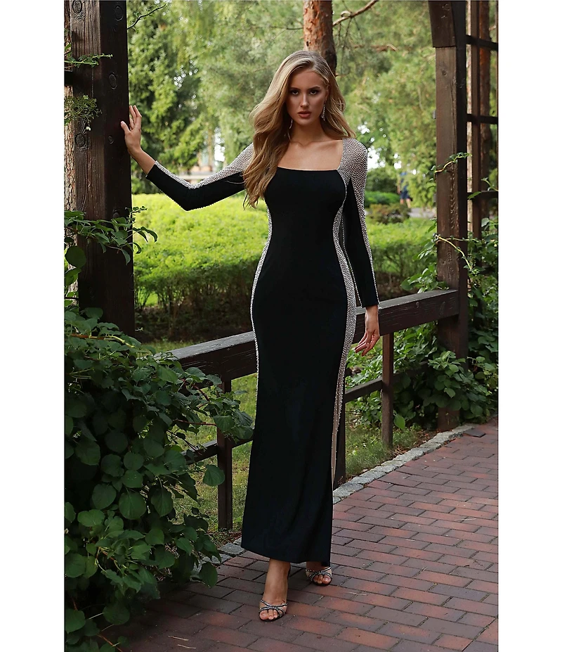 Xscape Petite Size Long Sleeve Square Neck Caviar Beaded Mesh Panels Sheath Gown