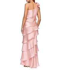 Xscape Petite Size Metallic Organza One Shoulder Sleeveless Rosette Tiered Ruffle Long Gown