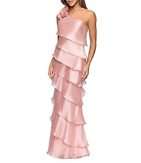 Xscape Petite Size Metallic Organza One Shoulder Sleeveless Rosette Tiered Ruffle Long Gown