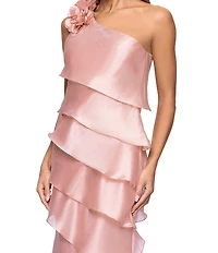 Xscape Petite Size Metallic Organza One Shoulder Sleeveless Rosette Tiered Ruffle Long Gown