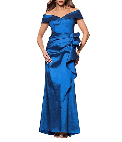 Xscape Petite Size Off-The-Shoulder Ruffle Front Taffeta Mermaid Dress