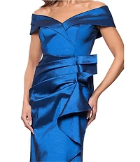 Xscape Petite Size Off-The-Shoulder Ruffle Front Taffeta Mermaid Dress