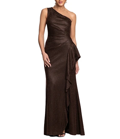 Xscape Petite Size One Shoulder Glitter Knit Cascading Ruffle Long Dress