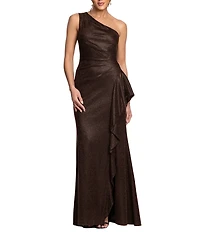 Xscape Petite Size One Shoulder Glitter Knit Cascading Ruffle Long Dress