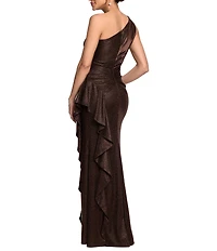 Xscape Petite Size One Shoulder Glitter Knit Cascading Ruffle Long Dress
