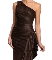 Xscape Petite Size One Shoulder Glitter Knit Cascading Ruffle Long Dress
