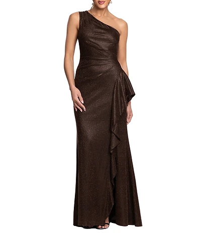 Xscape Petite Size One Shoulder Glitter Knit Cascading Ruffle Long Dress