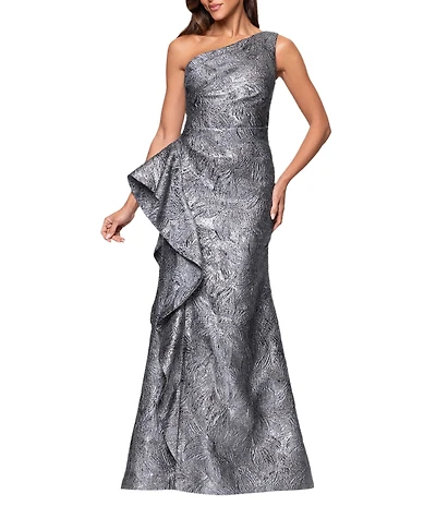 Xscape Petite Size One Shoulder Metallic Jacquard Ruffle Gown