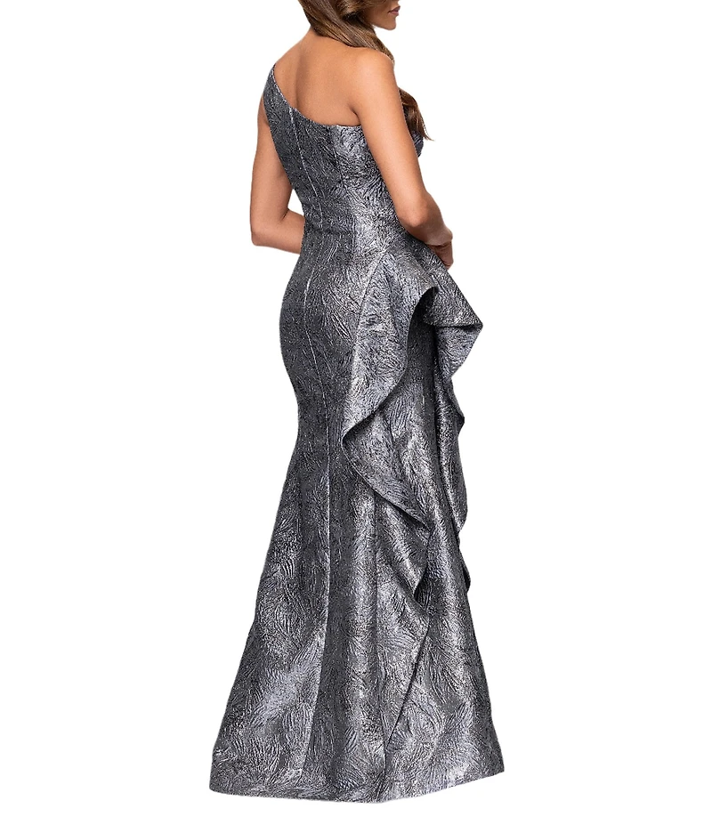 Xscape Petite Size One Shoulder Metallic Jacquard Ruffle Gown