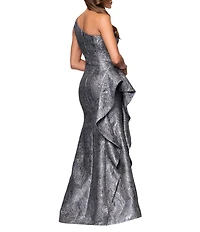 Xscape Petite Size One Shoulder Metallic Jacquard Ruffle Gown