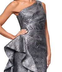 Xscape Petite Size One Shoulder Metallic Jacquard Ruffle Gown