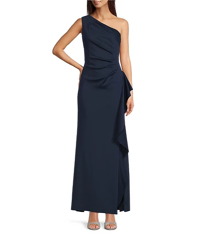 Xscape Petite Size One Shoulder Side Ruffle Scuba Crepe Gown