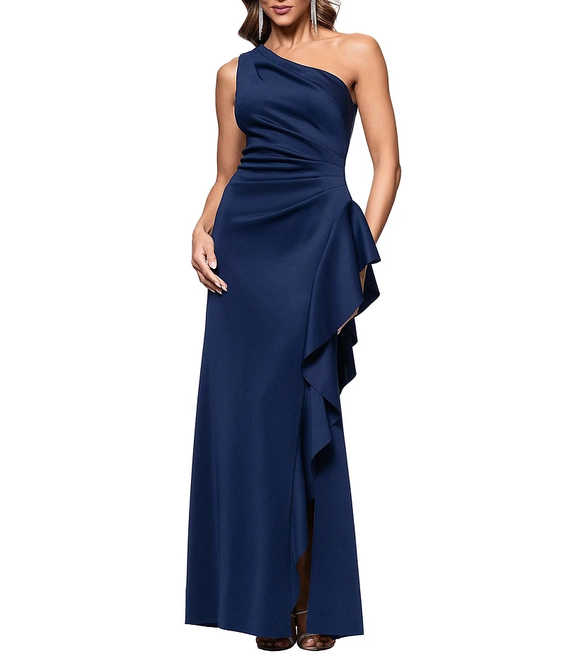 Xscape Petite Size One Shoulder Side Ruffle Scuba Crepe Gown