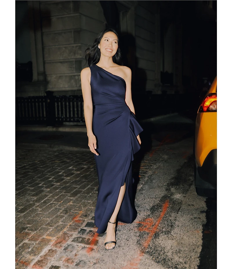 Xscape Petite Size One Shoulder Side Ruffle Scuba Crepe Gown