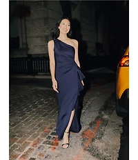 Xscape Petite Size One Shoulder Side Ruffle Scuba Crepe Gown