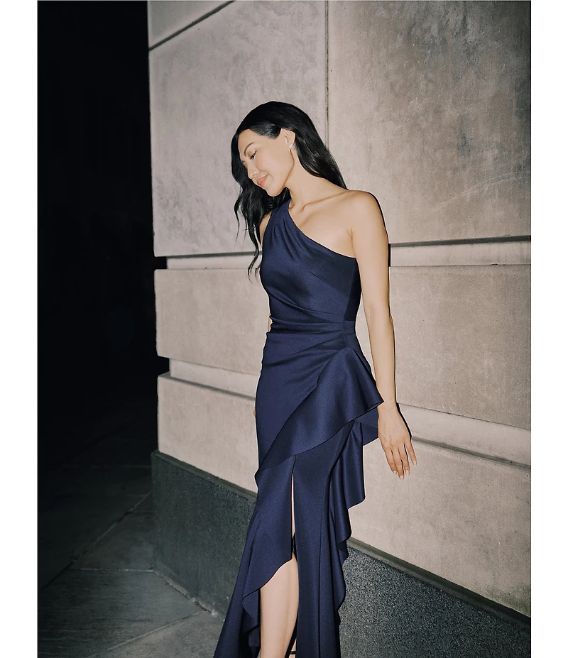 Xscape Petite Size One Shoulder Side Ruffle Scuba Crepe Gown